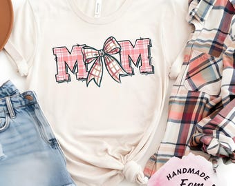 Mom Shirt with Bow, Cute Mama Graphic Tee, Pink Plaid Mom Shirt, Trendy Mother’s Day Gift, Stylish Mom Outfit