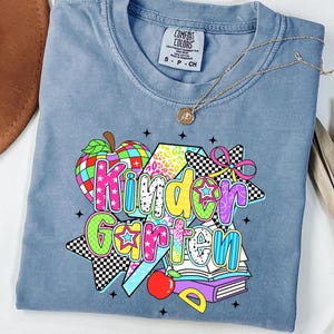 Comfort Colors®Kindergarten Teacher Shirt Comfort Colors | Retro Colorful Kinder Tee | Back to School Teacher Outfit | Fun Classroom T-Shirt