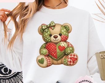 Patchwork Teddy Bear Sweatshirt, Cute Bear Heart Shirt, Valentine Teddy Bear Top, Cozy Handmade Style Bear Shirt, Gift for Her