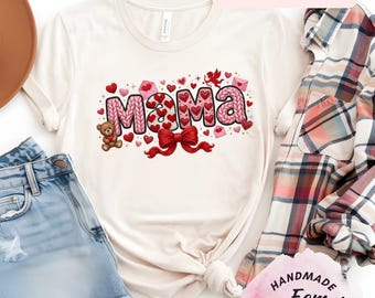 Mama Shirt with Hearts and Bow, Cute Mama Graphic Tee, Teddy Bear Mom Shirt, Mother’s Day Gift for Mom, Pink Mama Shirt