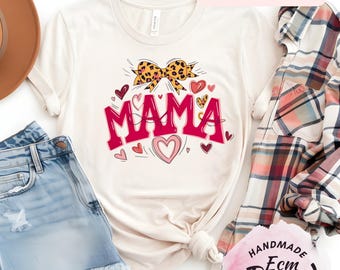 Mama Shirt with Bow and Hearts, Cute Mama Graphic Tee, Leopard Bow Mom Shirt, Mother’s Day Gift for Mom, Trendy Mama Shirt