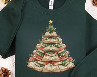 Books Christmas Tree Sweatshirt - Teacher Christmas Sweater, Funny Christmas Sweatshirt, Book Lover Christmas Gift, Bookworm Christmas Gift