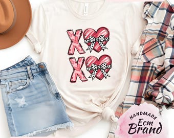 XOXO Valentine Shirt for Women, Cute Heart Bow Graphic Tee, Love Theme Shirt, Pink Valentine Outfit, Gift for Her