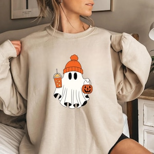 Cute Ghost Halloween Sweatshirt,Cozy Spooky Season Pullover | Pumpkin Ghost Sweater,Halloween Coffee Lover Shirt ,Autumn Aesthetic Ghost Top