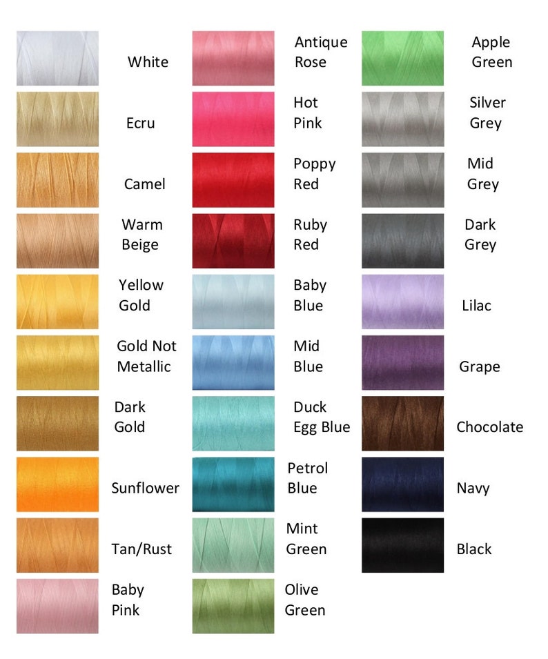 May include: A color chart of thread spools with a variety of colors, including white, ecru, camel, warm beige, yellow gold, gold not metallic, dark gold, sunflower, tan/rust, baby pink, antique rose, hot pink, poppy red, ruby red, baby blue, mid blue, duck egg blue, petrol blue, mint green, olive green, apple green, silver grey, mid grey, dark grey, lilac, grape, chocolate, navy, and black.