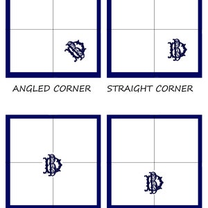 May include: Four white squares with a blue border and a blue grid inside. Each square has a blue monogram in the center, with the monogram in the top left square positioned in the top right corner, the monogram in the top right square positioned in the bottom right corner, the monogram in the bottom left square positioned in the center, and the monogram in the bottom right square positioned in the bottom center.