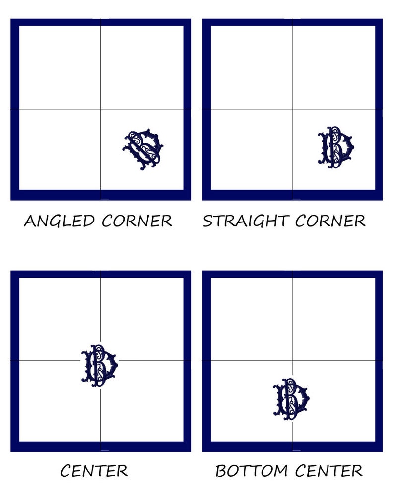 May include: Four white squares with a blue border and a blue grid inside. Each square has a blue monogram in the center, with the monogram in the top left square positioned in the top right corner, the monogram in the top right square positioned in the bottom right corner, the monogram in the bottom left square positioned in the center, and the monogram in the bottom right square positioned in the bottom center.