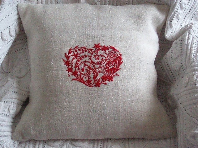 Vintage Français Chanvre Brodé Coeur Coussin Couverture - Différentes Couleurs Disponibles Idéal Pou