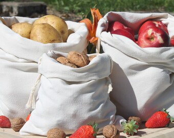 Sacos de linho reutilizáveis com cordão para vegetais, frutas ou armazenamento, compras de supermercado sem plástico, presente ideal