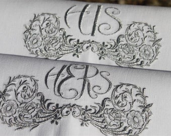 XL Embroidered His & Hers Monogrammed Vintage Linen Hand Guest Towels - Special Gift