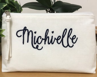 Personalized Makeup bag, Linen Embroidered Cosmetic bag, Custom Christmas gift, Girlfriend present, Mum Gift, Wife Gift, make up Pouch