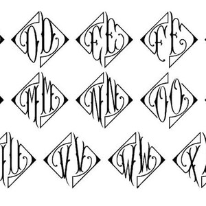 May include: A set of 26 black and white monogram letter designs in a diamond shape. Each design features two letters intertwined.