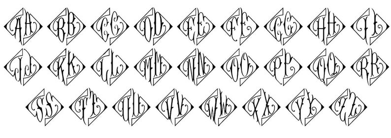 May include: A set of 26 black and white monogram letter designs in a diamond shape. Each design features two letters intertwined.