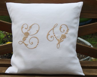 Vintage French Linen Double Monogrammed Personalized Embroidered Cushion Cover All Initials & Colours Available - Ideal Special Gift