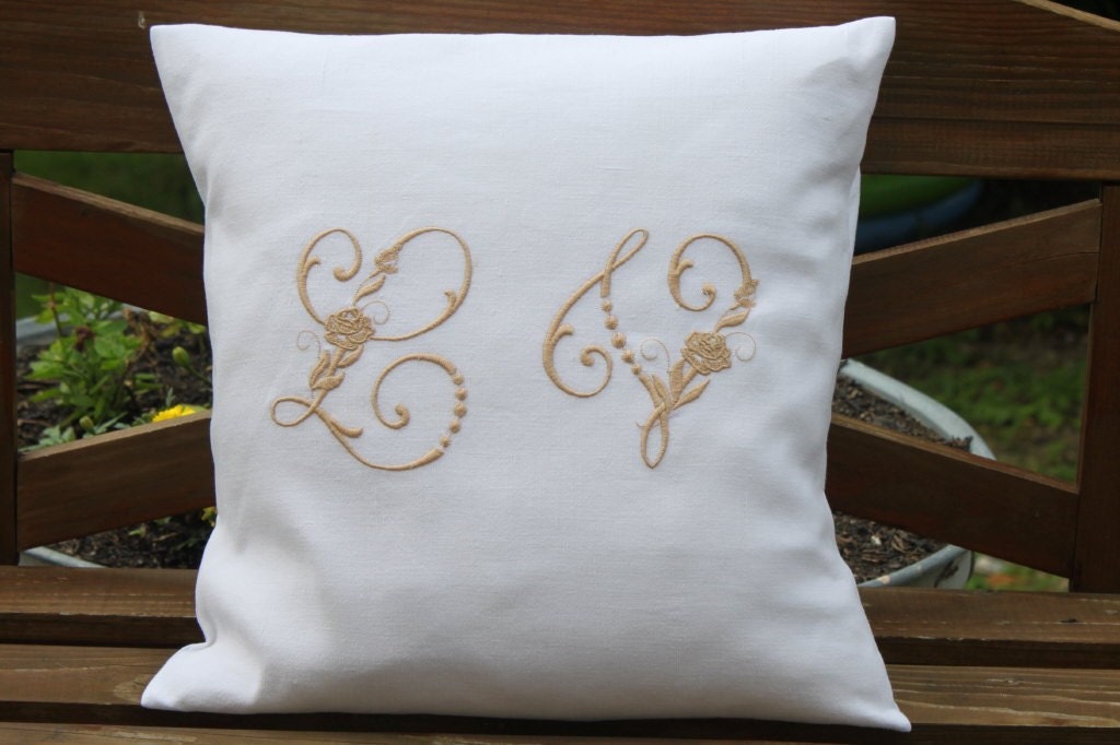 Vintage Français Linge Double Monogrammé Coussin Brodé Personnalisé Couvrir Toutes Les Initiales et 