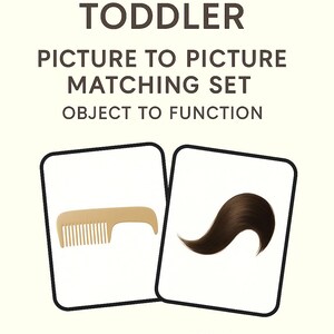 Op de afbeelding: Twee Montessori-beeldkaarten voor peuters. De kaart links toont een houten kam. De kaart rechts toont een bruin haarstreng. De tekst "Montessori Toddler Picture to Picture Matching Set Object to Function" staat bovenaan de afbeelding.