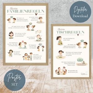 Könnte beinhalten: Zwei gerahmte Poster mit Aquarellillustrationen und deutschem Text. Ein Poster trägt den Titel "Familienregeln" und das andere "Tischregeln". Die Poster zeigen Illustrationen von Kindern und Erwachsenen mit Text.