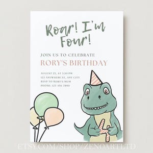 Editable Dinosaur Birthday Invitation Printable Template T-Rex Party Invite Boy Four Birthday Party Roar Green Dino