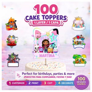 100 Cake Toppers 1 Layer | Editable PNG | Easy DIY Cake Decoration | Print & Cut | Birthday Cake Topper Bundle