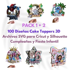 May include: A collection of colorful 3D cake toppers featuring various designs. The toppers include characters like Spider-Man, Stitch, and Elsa, along with text that reads "PACK 1 + 2" and "100 Diseños Cake Toppers 3D".