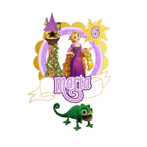 May include: A colorful cake topper featuring a cartoon princess in a purple dress with long blonde hair. The design includes a tower, a sun with the number 6, the name "Marta", and a green chameleon.