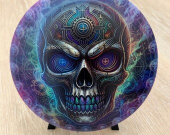 Nuevo disco de disc golf personalizado con diseño de calavera hipnótica. Discraft, Discmania, Axiom, MVP, Innova: elige tu molde.