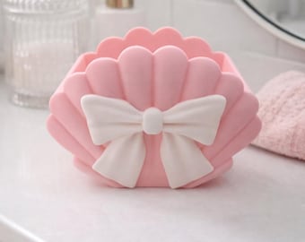 Soporte para brochas de maquillaje con lazo de concha marina / Organizador de tocador personalizado Coquette, recipiente para guardar cosméticos