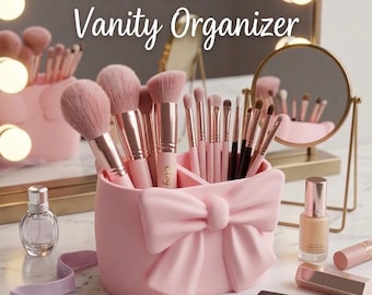 Soporte para brochas de maquillaje con lazo rosa / Organizador de tocador personalizado Coquette, recipiente para guardar cosméticos