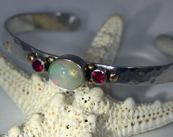 Super Bling Pink OPAL (Welo) & Ruby Cuff Bracelet w 14k.Gold Accents, Large