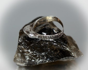 Darkened Fine Silver Fusion Drip Ring with Thin Dark Hammered Rounded Square Ring Shank, SIZE 6