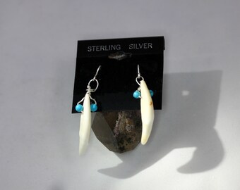 Coyote Teeth Sterling Silver EARRINGS with Twin Turquoise Accents