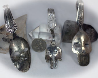 Pequeño esculpido Sterling PUNISHER cráneo cuchara horquilla arte colgantes conjunto de 3