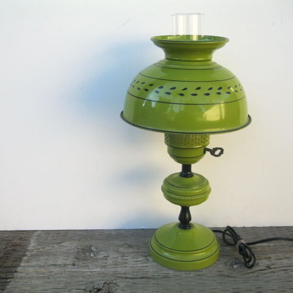 1960s Retro Toleware Hurricane Lamp- Olive Green