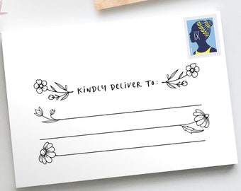 Custom Stamp: Kindly Deliver Address Stamp - Floral Design Wood Mount Stamp and Ink Pad