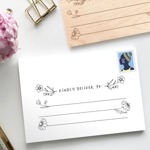 Kindly Deliver Address Stamp: Laser Etched Floral Design Wood Mount Stampe with Ink Pad