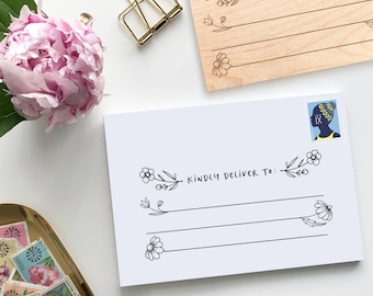 Address Stamp & Ink Pad - Kindly Deliver to: 4" x 2" Wooden Hand Stamp - Flowers