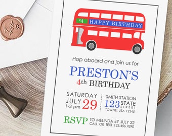 Birthday Invites | British Party Invitations | Double-Decker Bus London Party Invites (set of 10 printed)