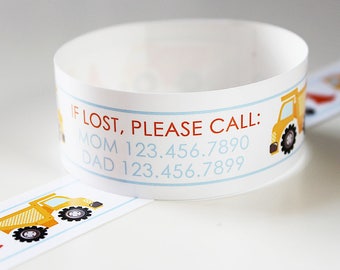 ID Bracelets for Kids - Custom Vinyl Dump Truck ID Bracelets - Personalized Travel Bands - Kids Vacation Safety Medical (Set of 12)