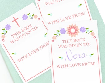 Custom Bookplates - Personalized Flower or Cross Easter Bookplate Stickers - Set of 12 Peel & Stick Labels - FREE U.S. SHIPPING