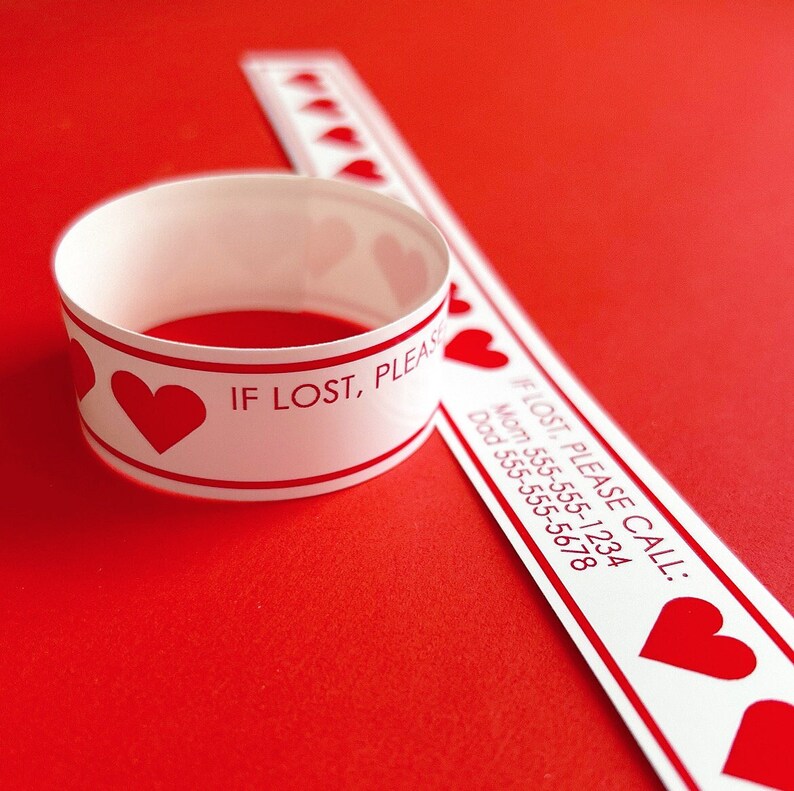 ID Bracelets for Kids Custom Vinyl Red Heart ID Bracelets Personalized Travel Wristbands Kids Safety Parenting Set of 12 image 3