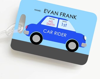 Kids Luggage Tag - Personalized Blue Car School Bag Tag - kindergarten - school - back-to-school