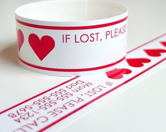 ID Bracelets for Kids - Custom Vinyl Red Heart ID Bracelets - Personalized Travel Wristbands - Kids Safety Parenting (Set of 12)