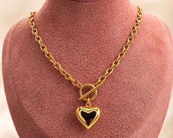 Gold Herz Halskette, Chunky Herz Anhänger Halskette, Toggle Halskette Gold, 18k vergoldete Halskette, wasserdicht, nicht trüben Schmuck, Geschenk