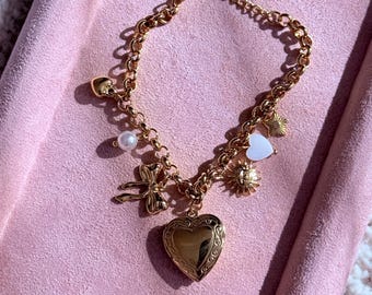 Gold Heart Charm Bracelet, Vintage Inspired Locket Bracelet, Coquette Jewellery, Waterproof Gold Bracelet Gift for Her
