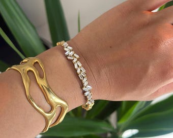 Gold Tennis Bracelet, CZ Crystal Bracelet, 18k Gold Plated Bangle, Adjustable Bracelet, Waterproof Non Tarnish Jewellery, Gift for Her