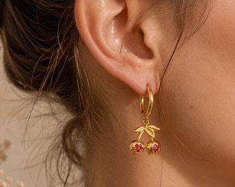 18k Gold Plated Cherry Earrings, Red Cherry Huggie Hoops, Dainty Fruit Dangle Earrings, Gift for Her