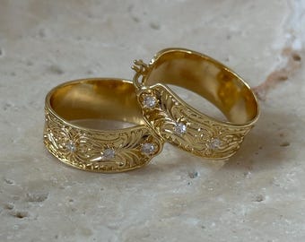 Vintage Gold Hoop Earrings | 18K Gold Plated Waterproof Stainless Steel Hoops | Engraved Hoop Earrings | Coquette Jewellery | Gift for Her