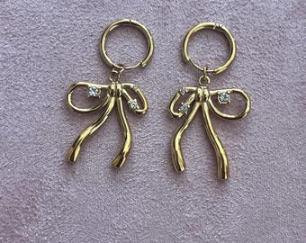 Gold Bow Earrings, 18K Gold Plated Ribbon Earrings, Cubic Zirconia Bow Stud Earrings, Waterproof Stainless Steel, Coquette Jewellery Gift