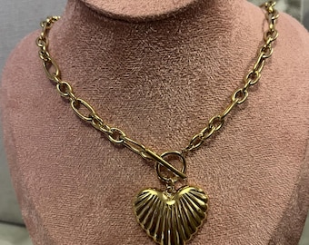Chunky Gold Heart Necklace T Bar – 18k Gold Plated Statement Necklace, Waterproof Non Tarnish Jewellery, Vintage Gold Chain Gift