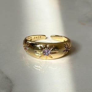 Gold Starburst Ring with Lilac Stone – Adjustable Celestial Ring, Minimalist Gold Band, Gift for Her, Sterling silver gold ring , Gift
